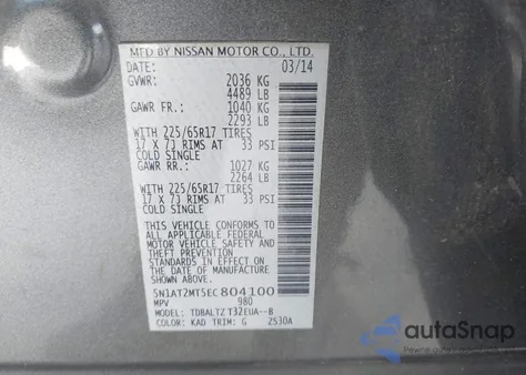 2014 Nissan Rogue Sv z USA, uszkodzony, nr VIN 5N1AT2MT5EC804100